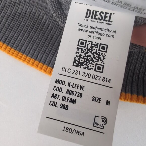 Diesel Men's Gray/Yellow/Gold VNeck Sweater Pullover Embroidered Logo, Medium - Picture 7 of 9